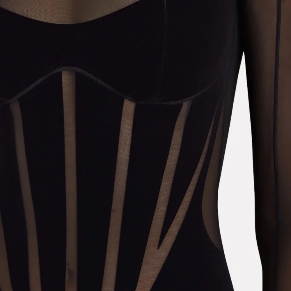 MUGLER X WOLFORD Semi Sheer Corset Paneled Black Mini Dress NWT Flocked - Picture 3 of 5